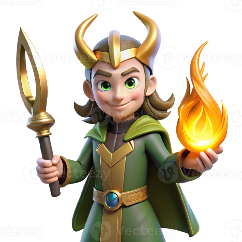 elegant modern A cunning Loki, the Norse trickster god, with a mischievous grin, holding a flaming sword, illuminated by flickering firelight. Norse style 4K png