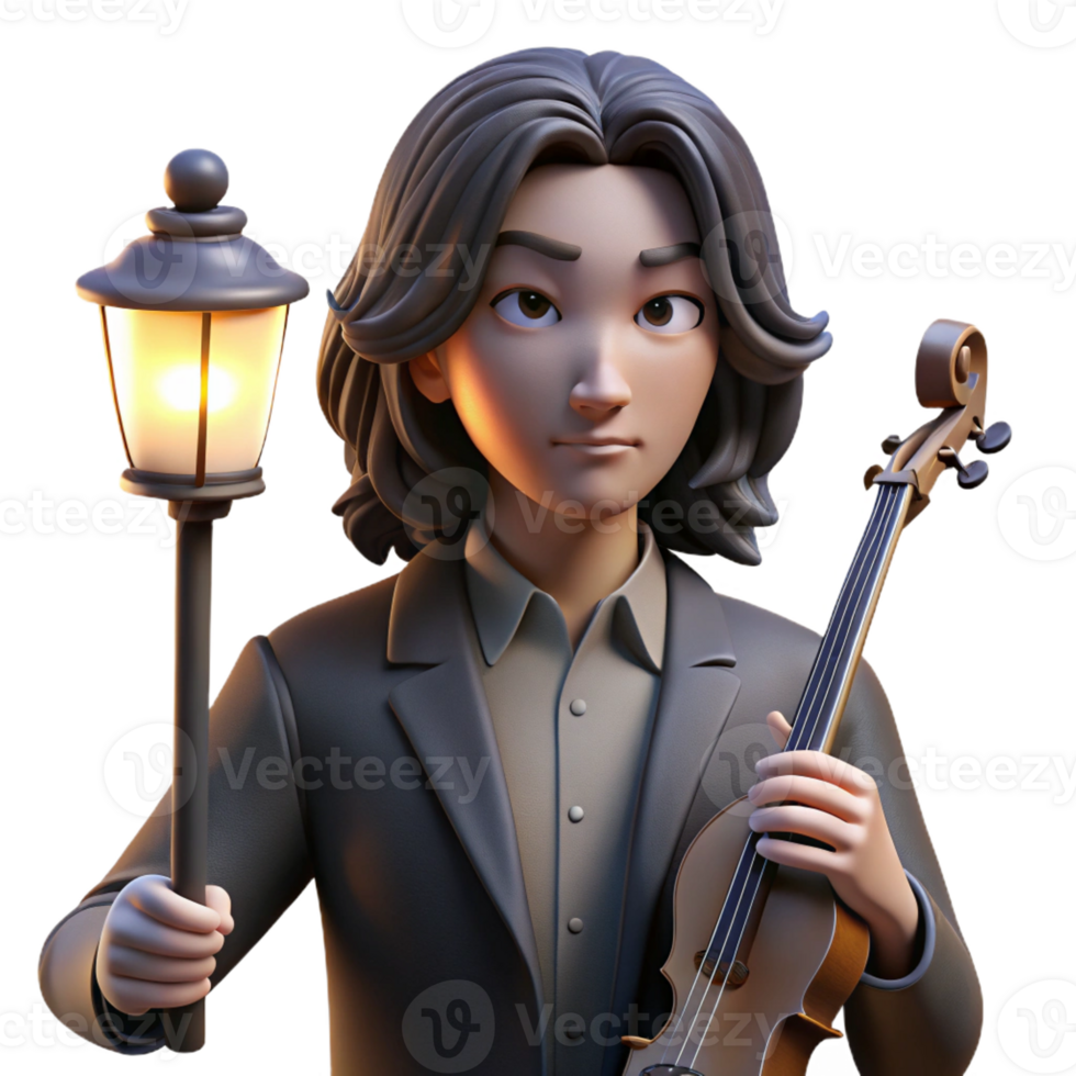 impressive abstract Portrait of a melancholic musician with long dark hair, holding a violin, lit by a dim streetlight, in a noir art style high resolution png