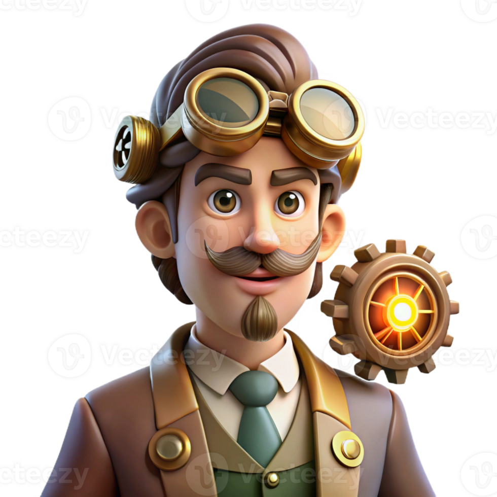 elegant vintage Portrait of a steampunk inventor with goggles, gears, and intricate clockwork adornments, lit by warm lamplight, in a steampunk art style authentic png