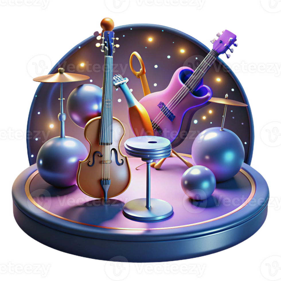 beautiful minimalist A group of floating musical instruments playing themselves, illuminated by stage lighting. Surrealism style exclusive png