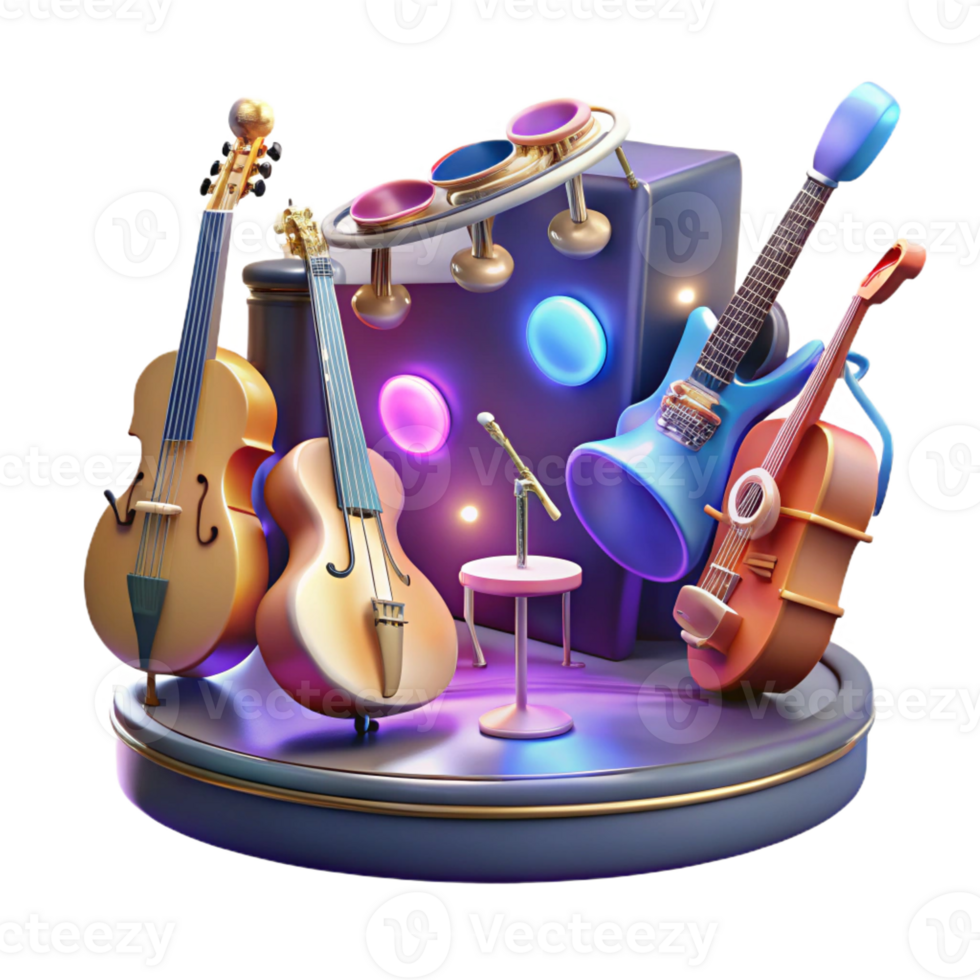 extraordinary abstract A group of floating musical instruments playing themselves, illuminated by stage lighting. Surrealism style high quality png
