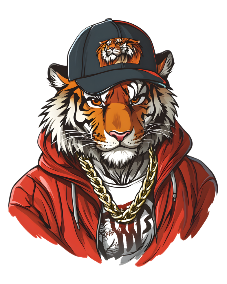 Fierce Tiger Character Wearing Red Bomber Jacket and Baseball Cap png