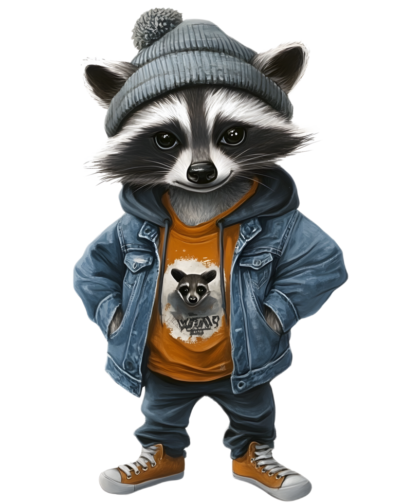Fashionable Raccoon Character Wearing Varsity Jacket in Stylish Urban Setting png