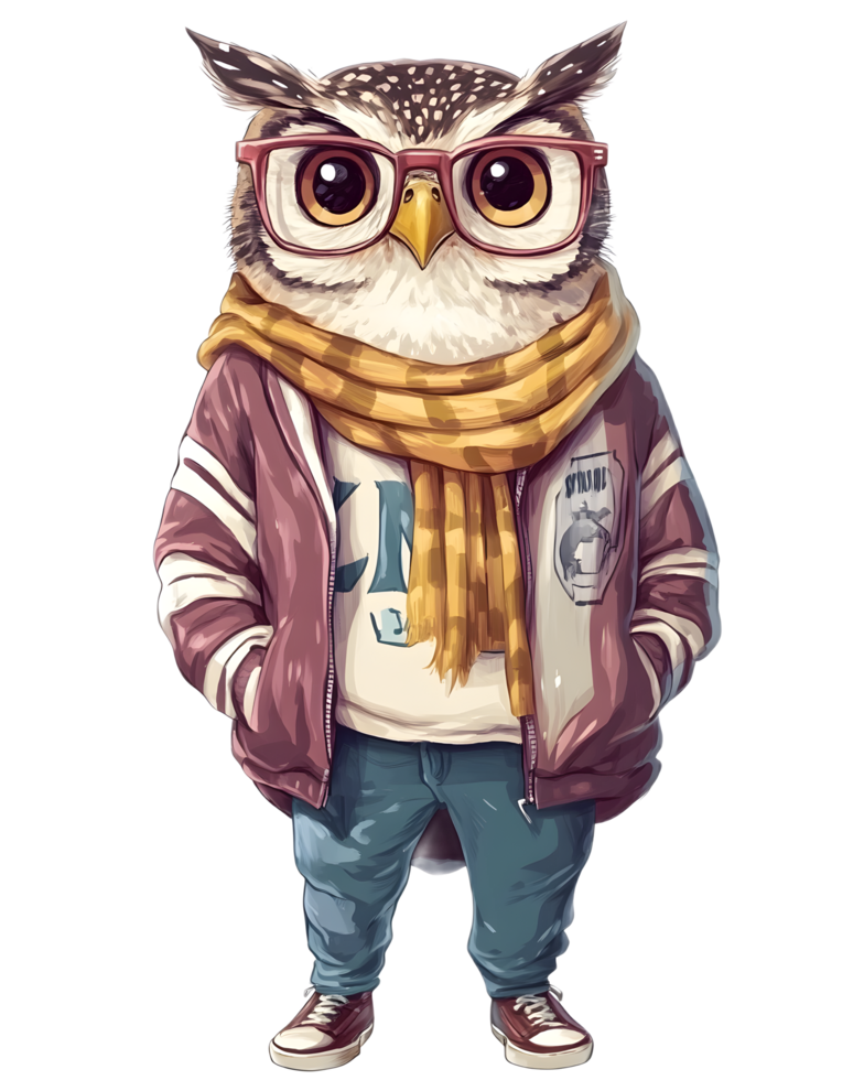 A Fashionable Owl Character Donning a Varsity Jacket png