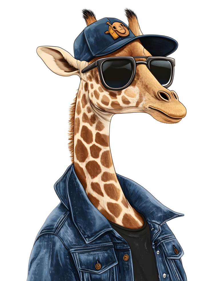 Stylish Giraffe Character Wearing Denim Jacket and Sunglasses png
