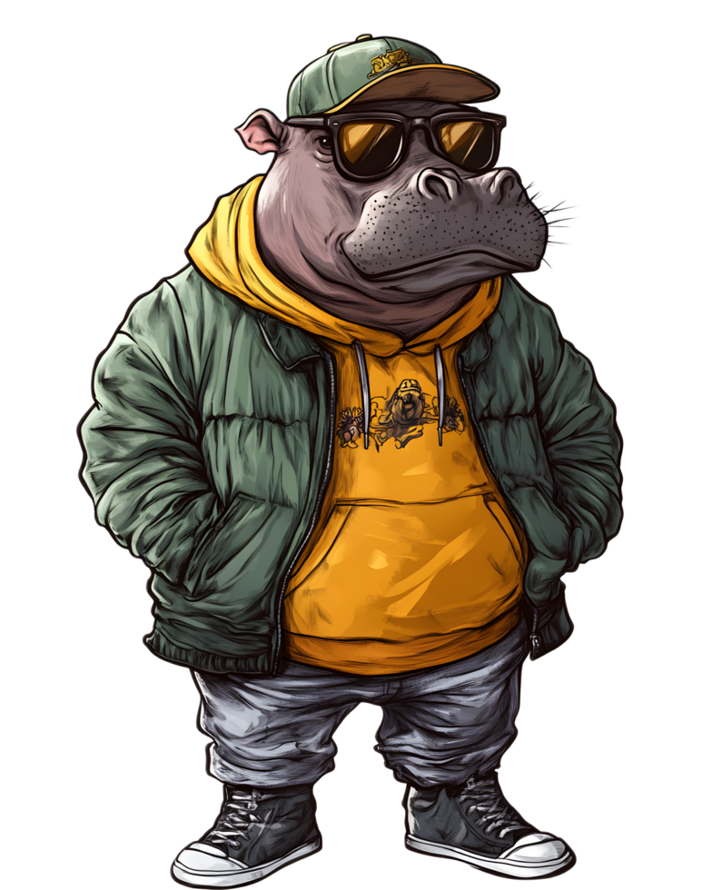 Stylish Hippo Character Strutting with Confidence in City Setting png