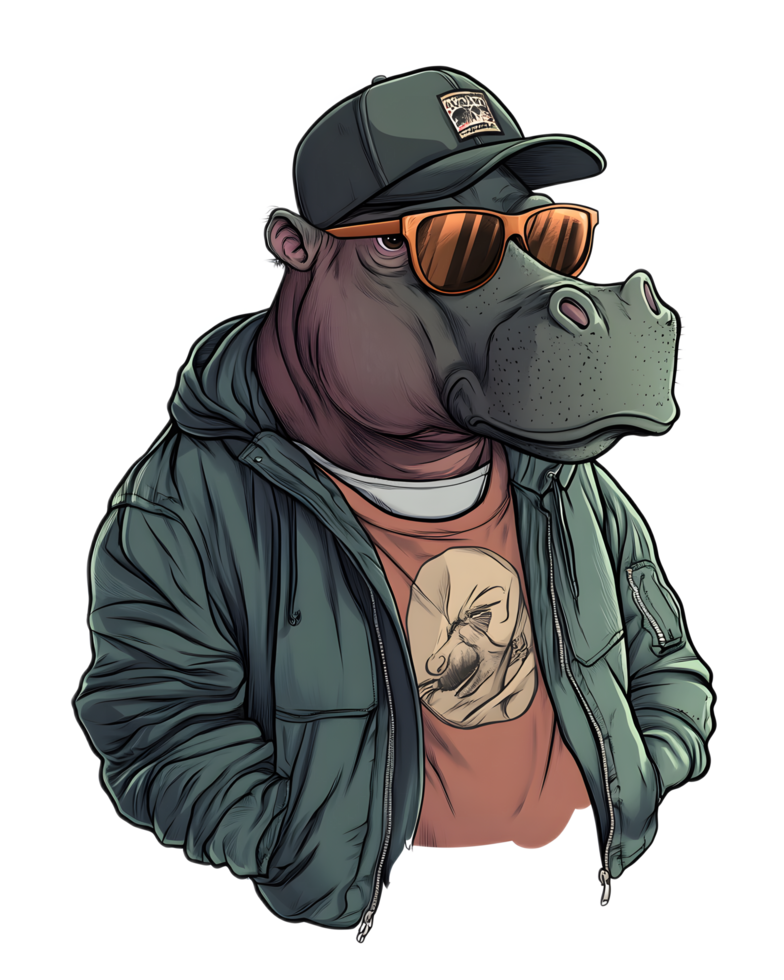 Stylish Hippo Character in Sunglasses Hat and Jacket in Urban Setting png