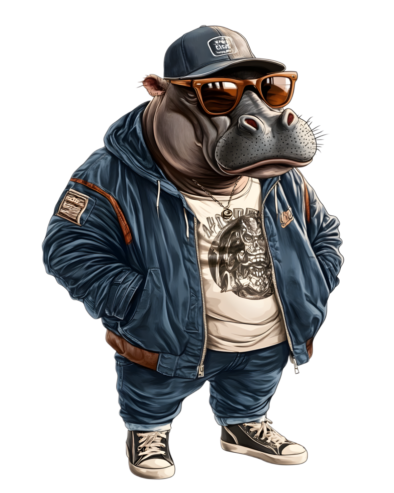 Stylish Hippo Character with Trendy Fashion and Accessories Posing in Urban Setting png