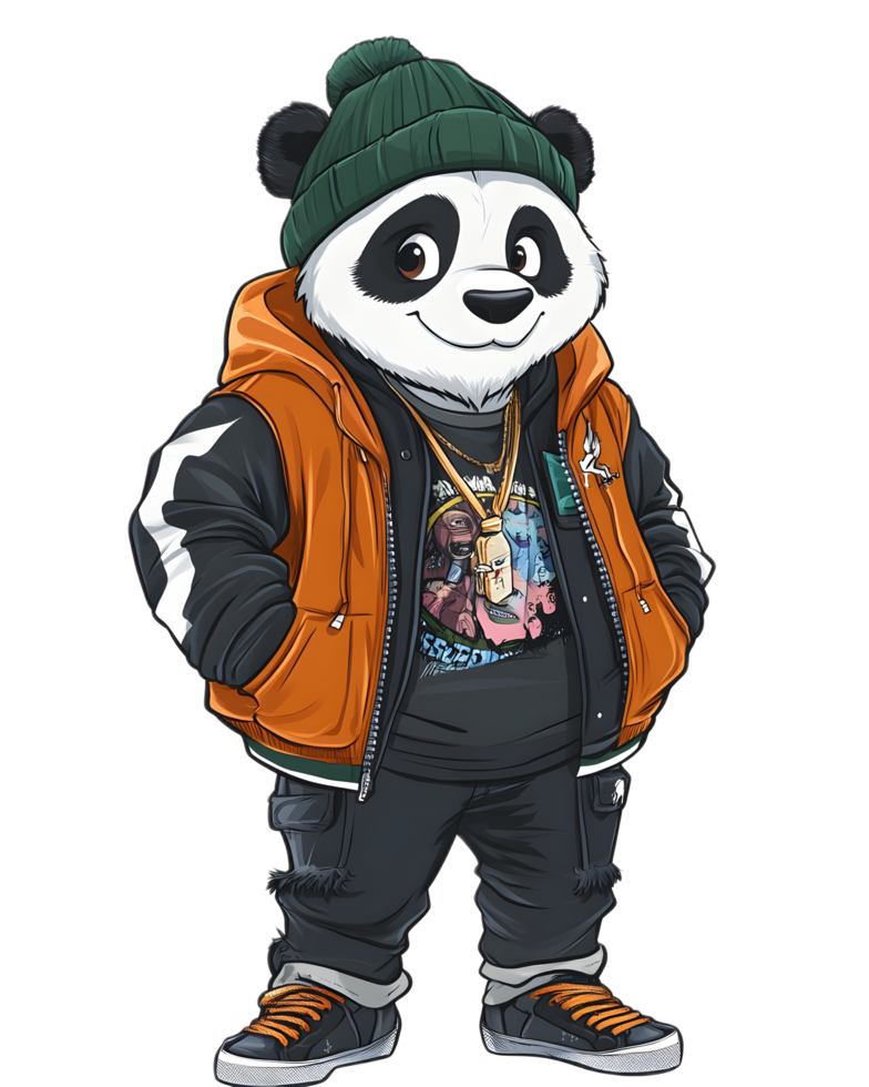 Cheerful Panda Character Wearing Varsity Jacket In Outdoor City Scene png