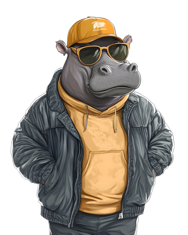 Stylish Anthropomorphic Hippo Character in Casual Urban Outfit png