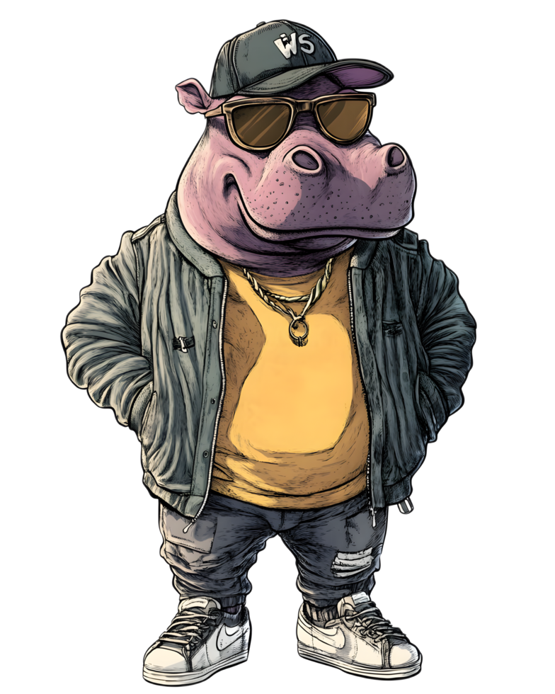 Stylish Hippo Character Embodies Urban Street Fashion and Cool Attitude png