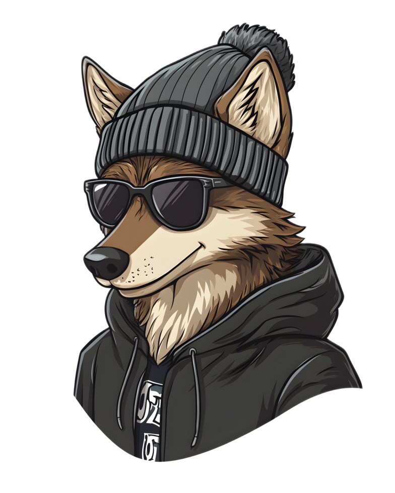 Stylish Wolf Character Wearing Sunglasses and Winter Beanie png