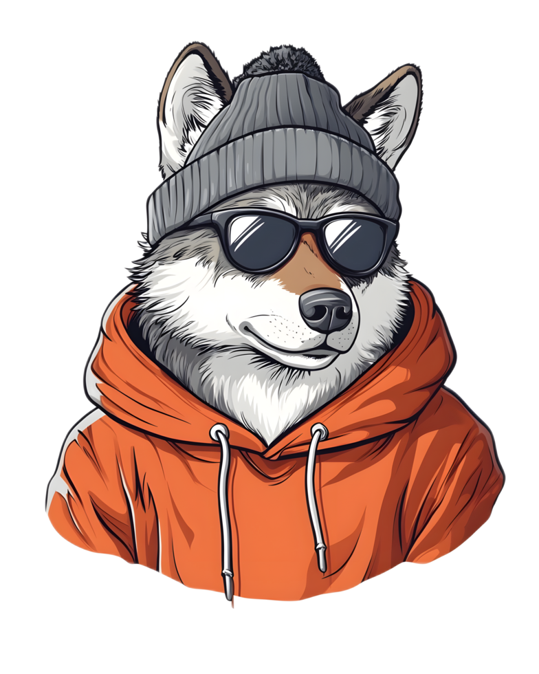 Trendy Cartoon Wolf Character Wearing Sunglasses and Hat in Outdoor Setting png