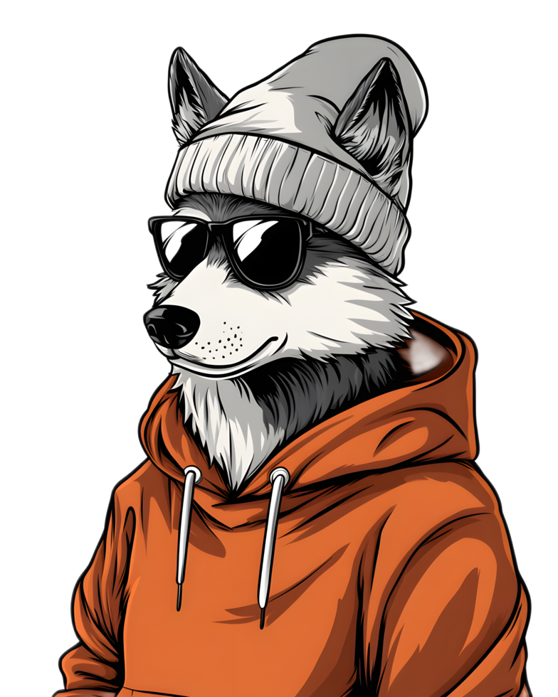Cool Cartoon Wolf Character Wearing Sunglasses and Hoodie Outfit png