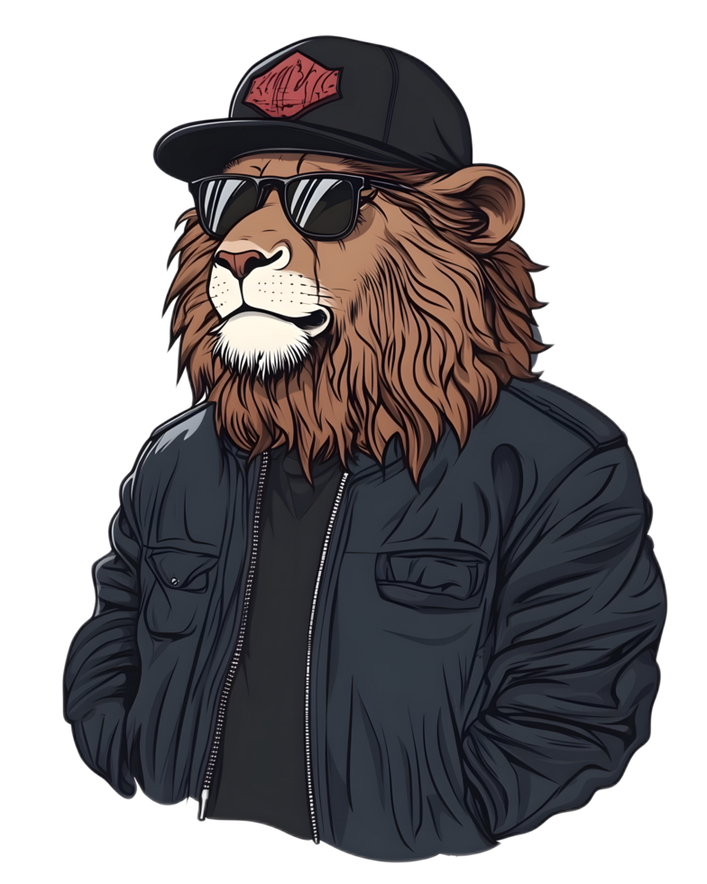 Fashionable Lion Character Wearing Cap and Sunglasses in Stylish Portrait png