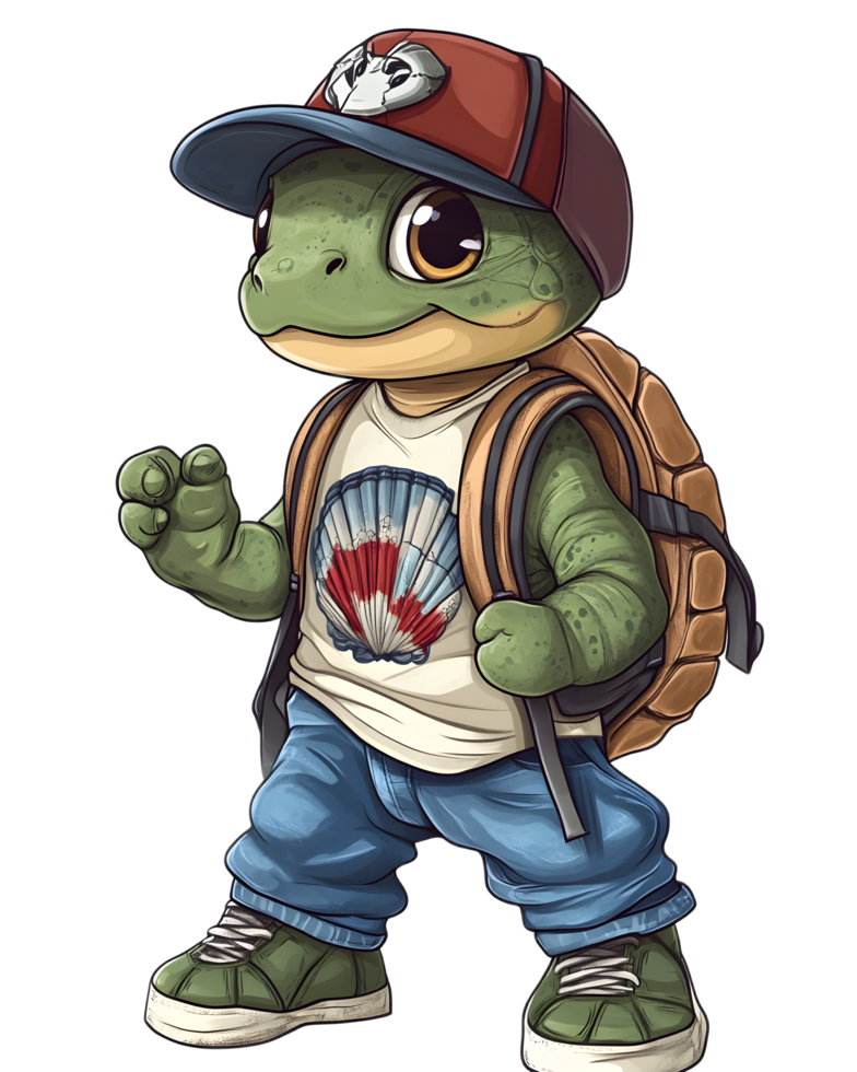 Charming Turtle Character in Backpack and Cap Exploring the Outdoors png