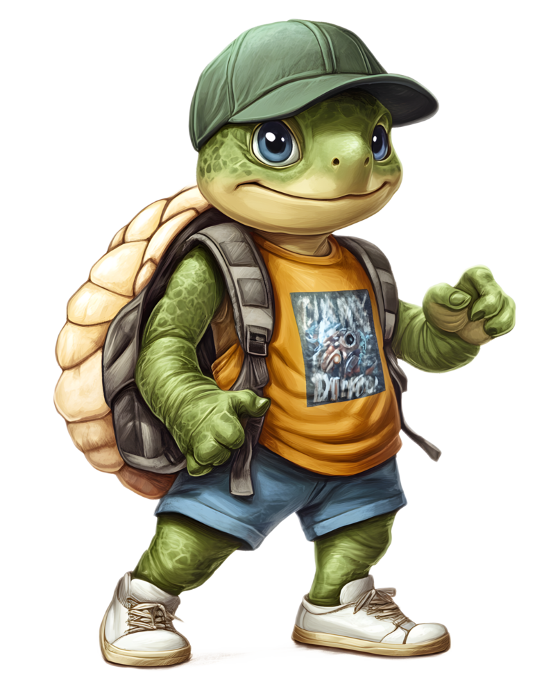 Cheerful Turtle Character Wearing Backpack and Cap on Outdoor Adventure png