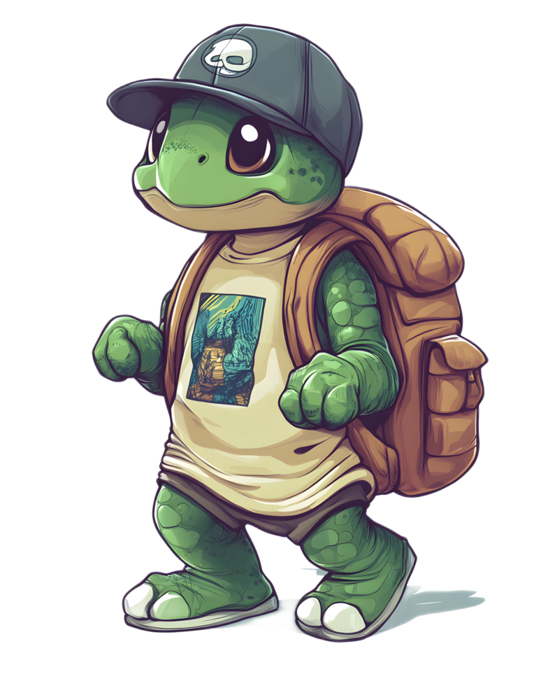Friendly Turtle Character Hiking with Backpack and Hat in Natural Environment png