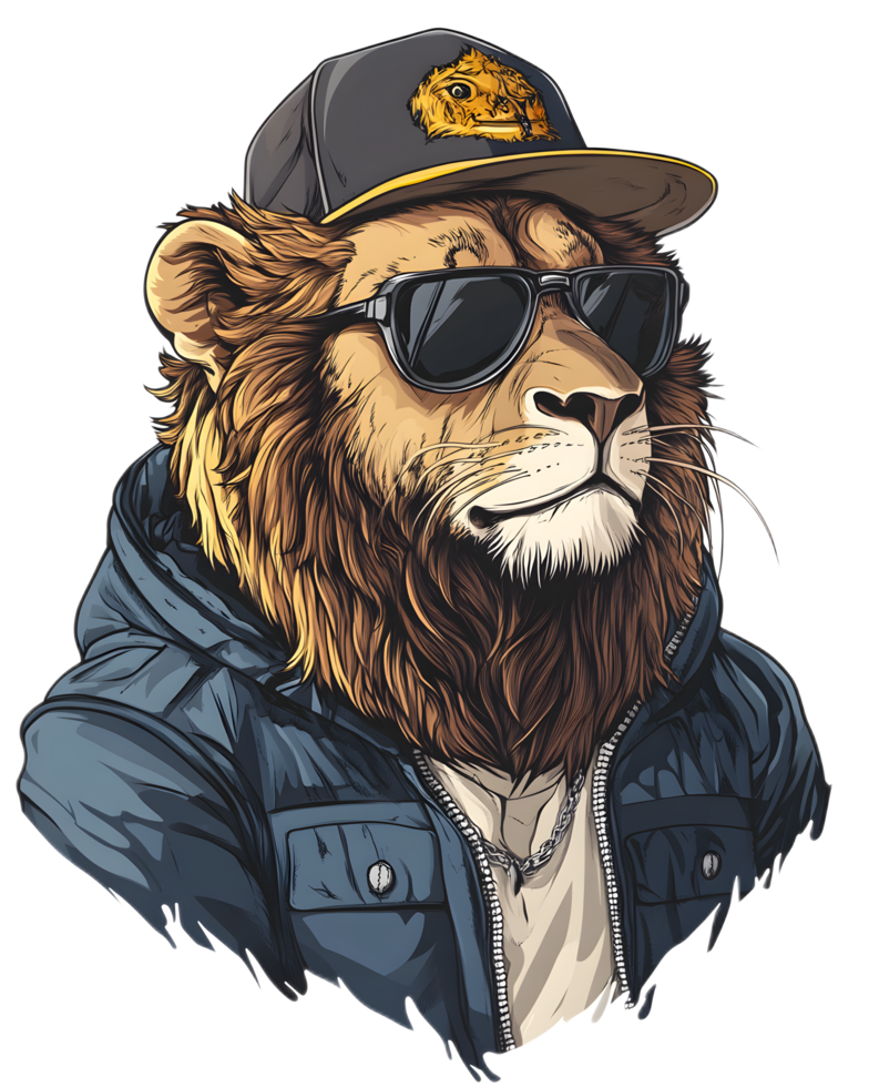 Fashionable Lion Character with Cap and Sunglasses in Cool Urban Outfit png