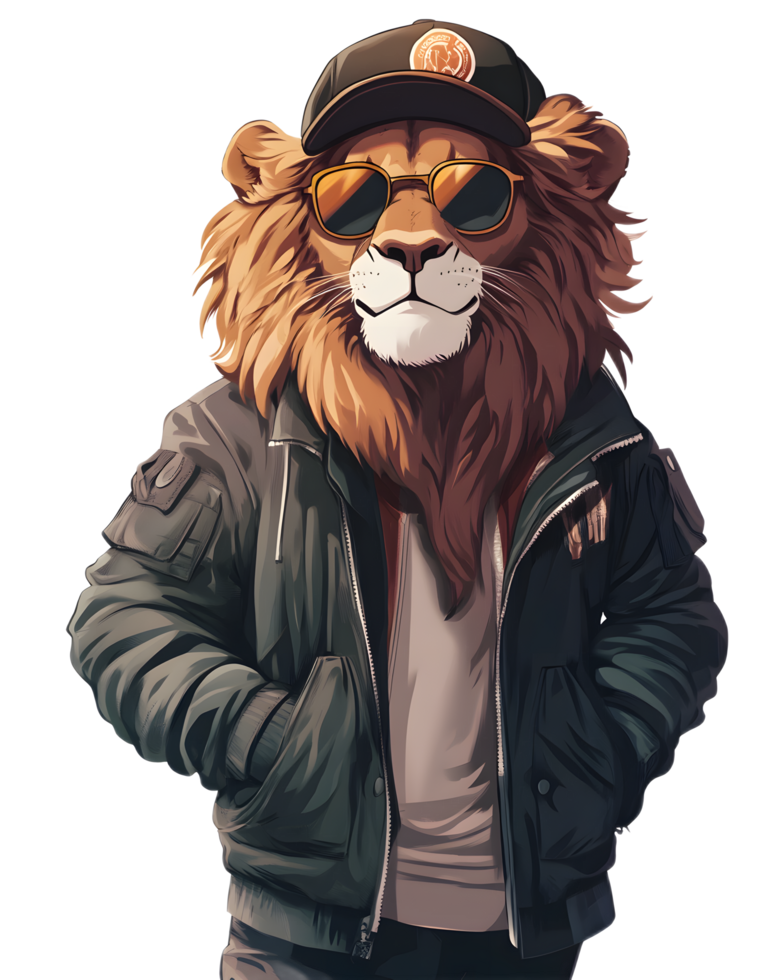 Fashionable Illustrated Lion Character Wearing Cap and Sunglasses png