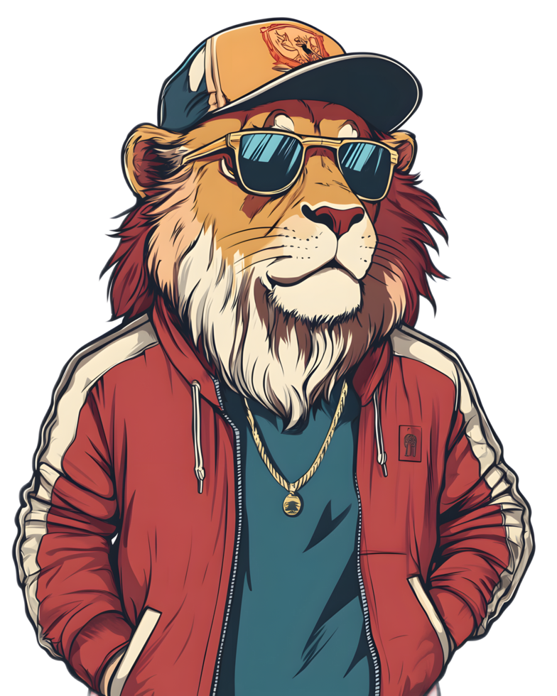 Stylish Lion Character Wearing Cap and Sunglasses in Art png