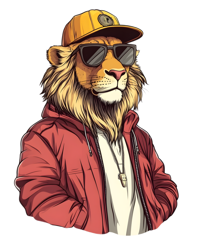 Fashionable Anthropomorphic Lion Character Wearing Sunglasses and Cap png