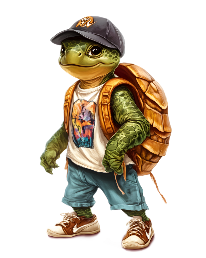 Adventurous Turtle Character in Casual Attire with Backpack and Cap png