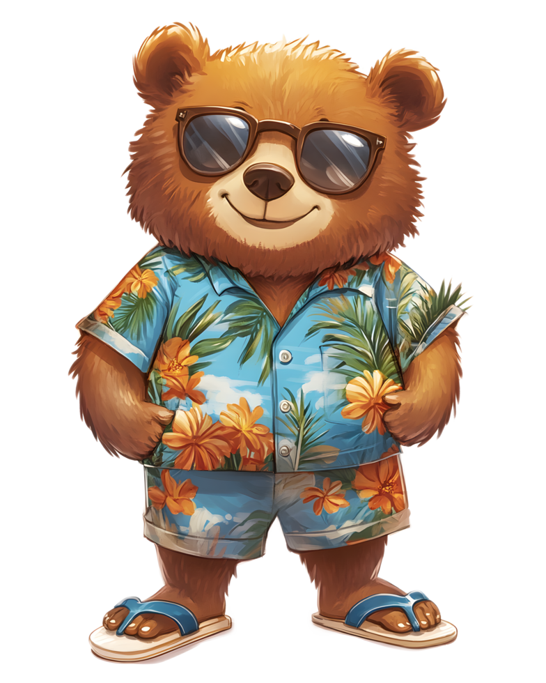 Cheerful and Carefree Bear Character in Tropical Hawaiian Shirt for Summer Vacation and Travel Concept png