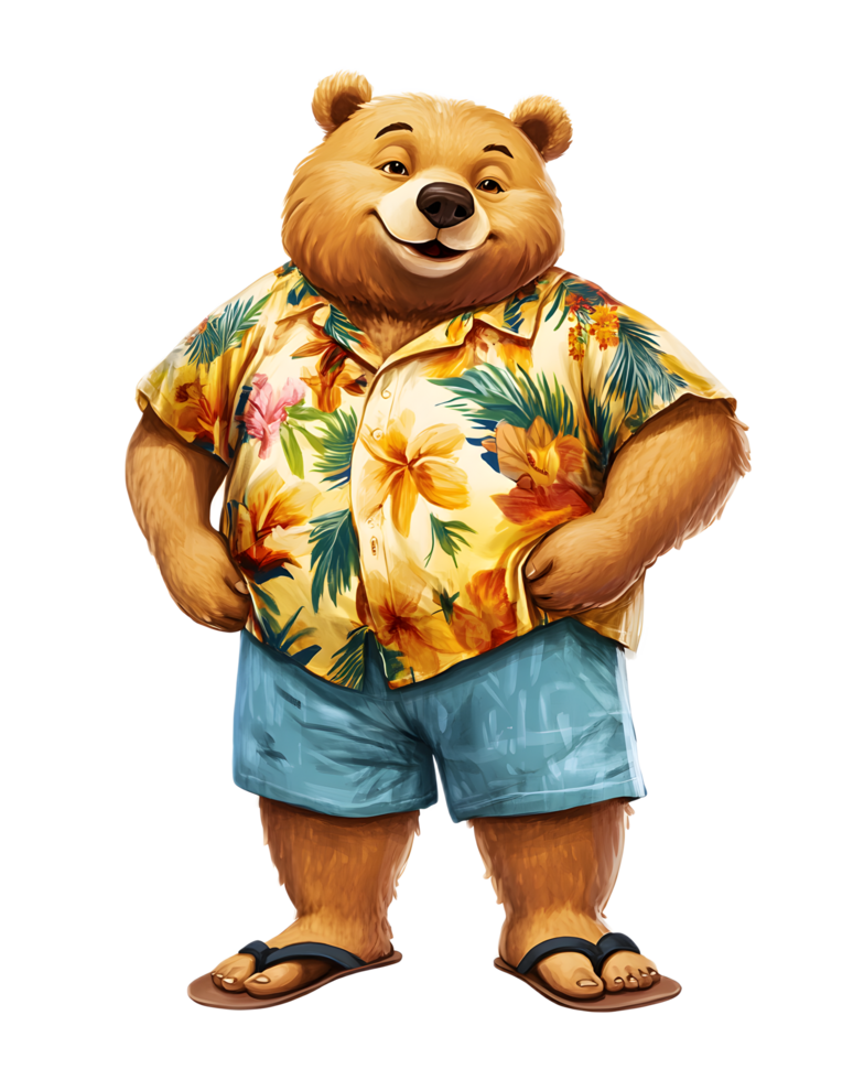 Friendly Tropical Bear Character in Hawaiian Shirt Enjoying Summer Vacation png