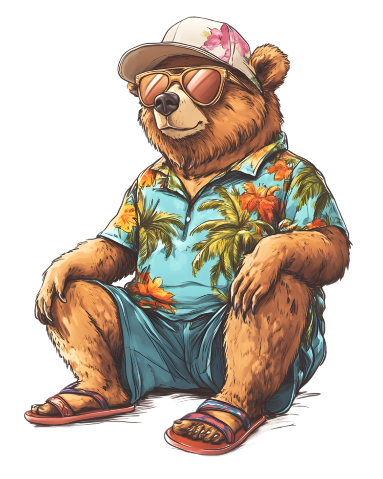 Carefree Bear Wearing Hawaiian Shirt in Tropical png