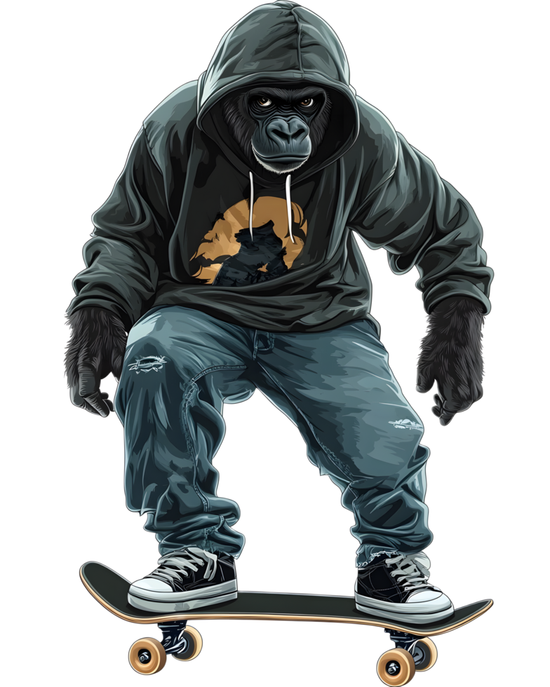Skateboarding Gorilla Character Riding Urban Street with Athletic Flair png