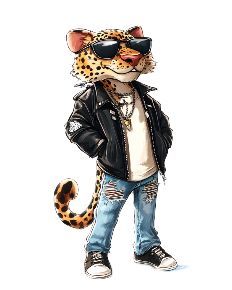 Stylish Leopard Mascot with Attitude Rocking Denim and Sunglasses png