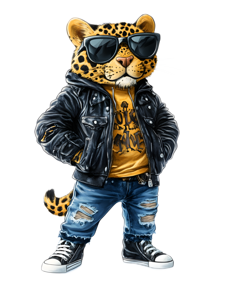 Fashionable Leopard Character in Streetwear Attire with Sunglasses png