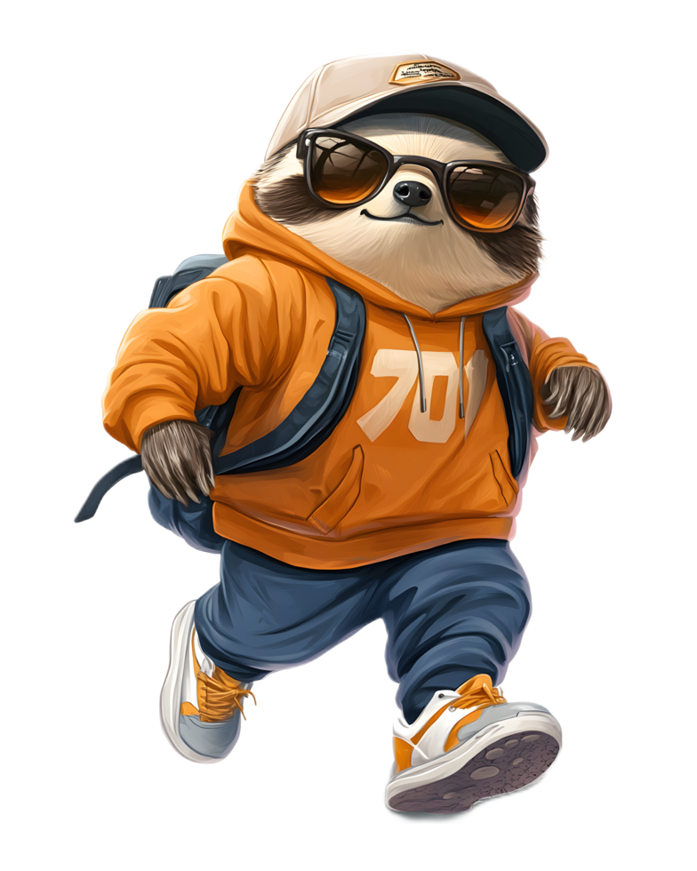 Energetic Sloth Character in Trendy Streetwear Exploring the Urban Landscape png