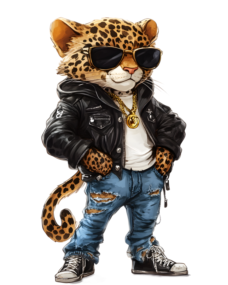Stylish Leopard Character Wearing Edgy Urban Outfit With Sunglasses png