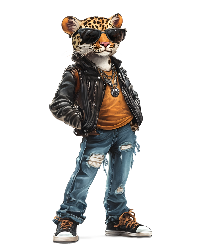 Stylish Leopard Character in Casual Urban Outfit with Attitude png