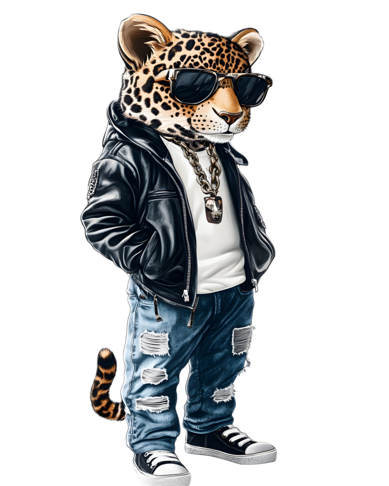 Sleek Leopard Character in Stylish Urban Outfit with Attitude png