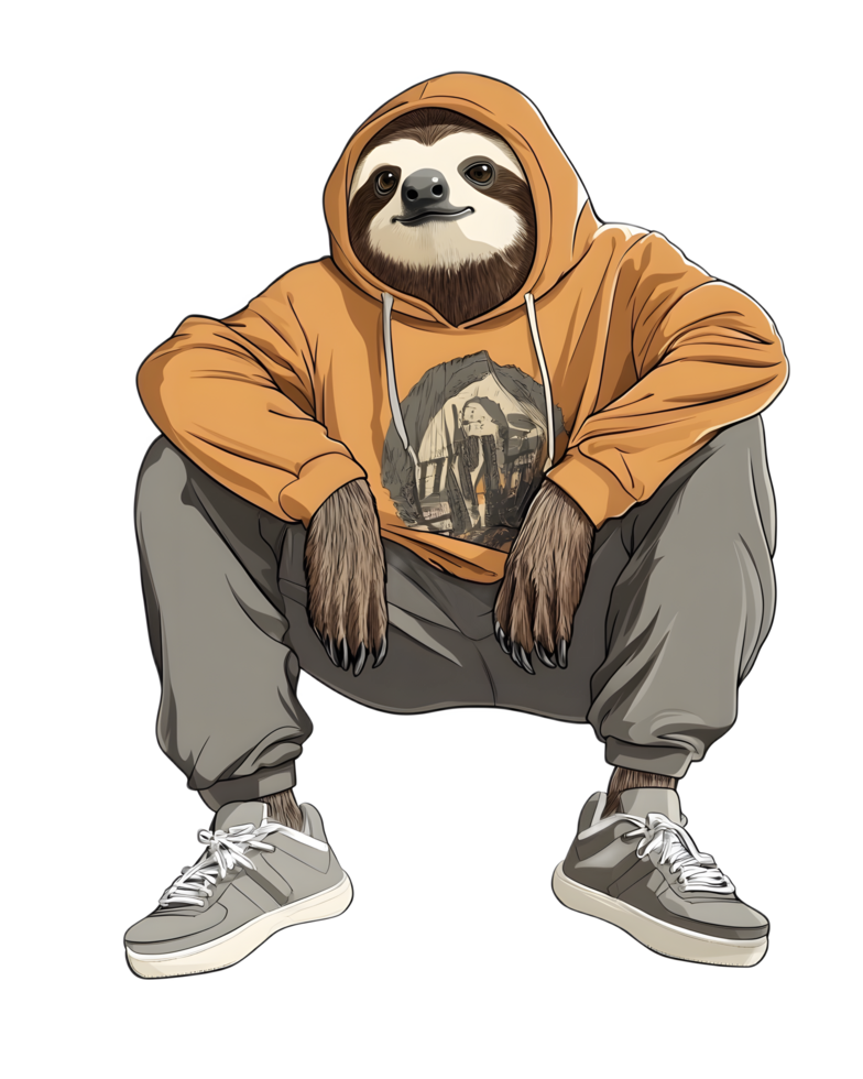 Sloth Character Wearing Trendy Streetwear Outfit Lounging in Casual Pose png