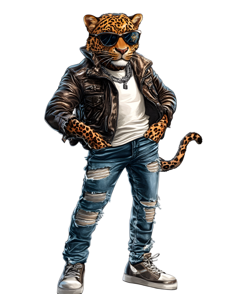 Fierce Leopard Humanoid Character in Stylized Urban Attire png
