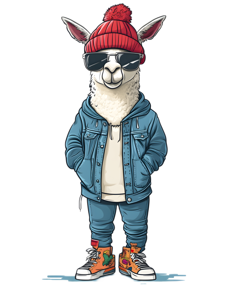 Stylish Llama Character in Denim Jacket and Winter Accessories png