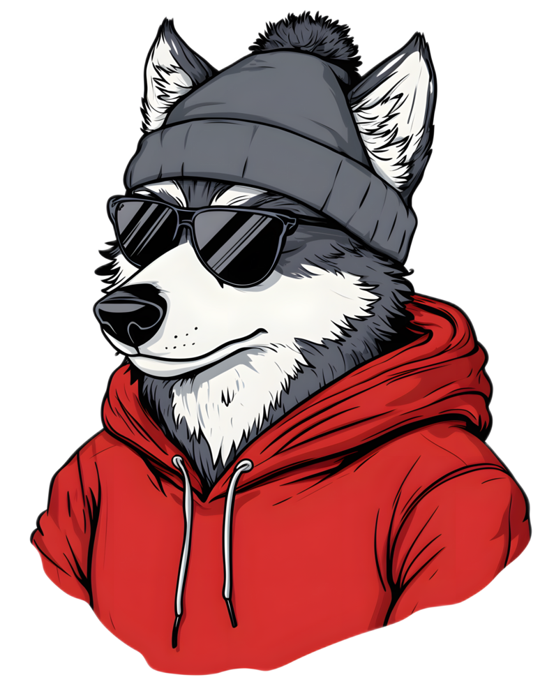 Stylish Cartoon Wolf Character Wearing Sunglasses and Hooded Sweatshirt png