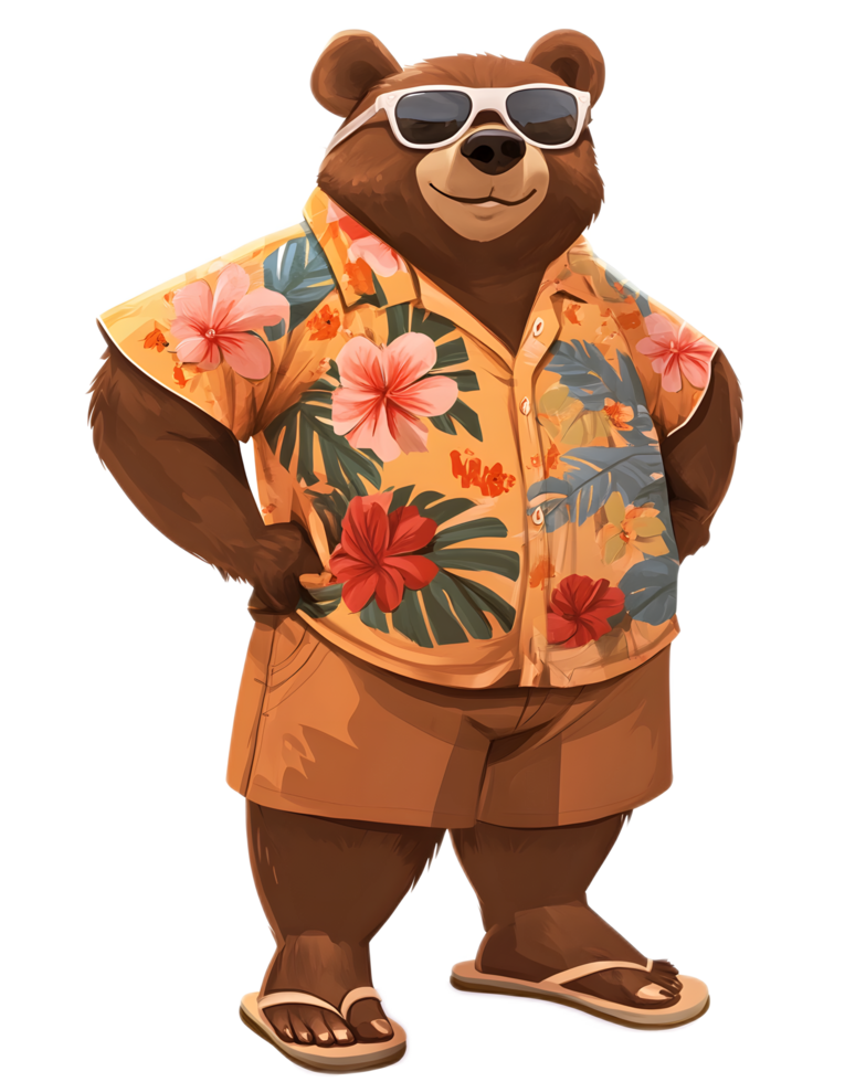 Friendly Cartoon Bear in Tropical Summer Outfit Relaxing at Beach png