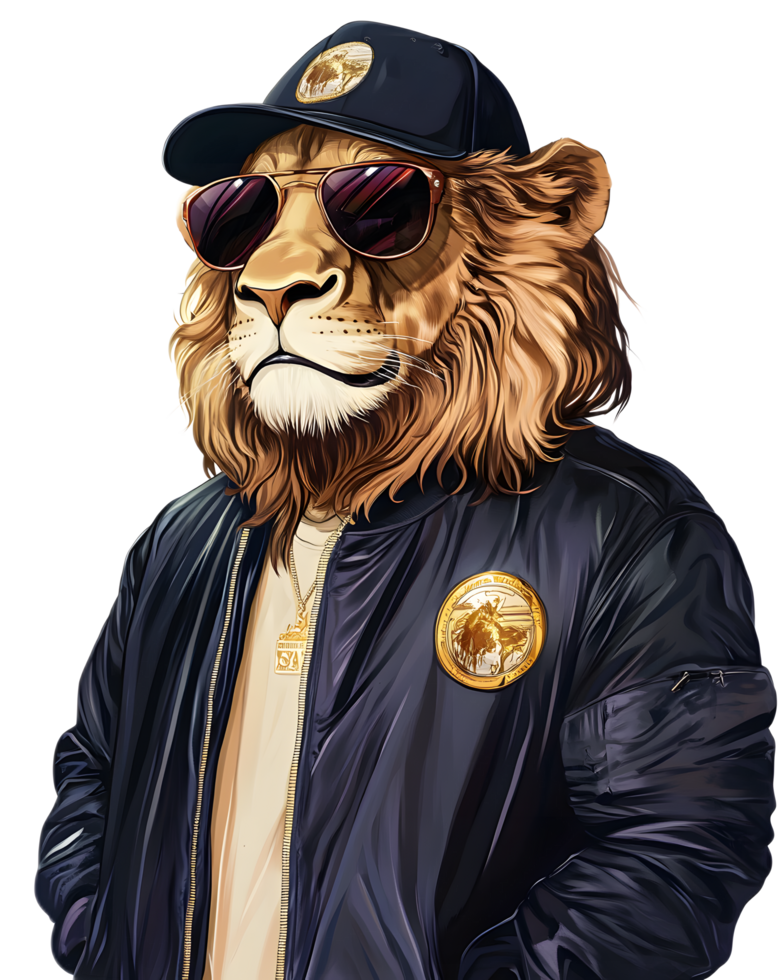 Fashionable Lion Character in Cap and Sunglasses png