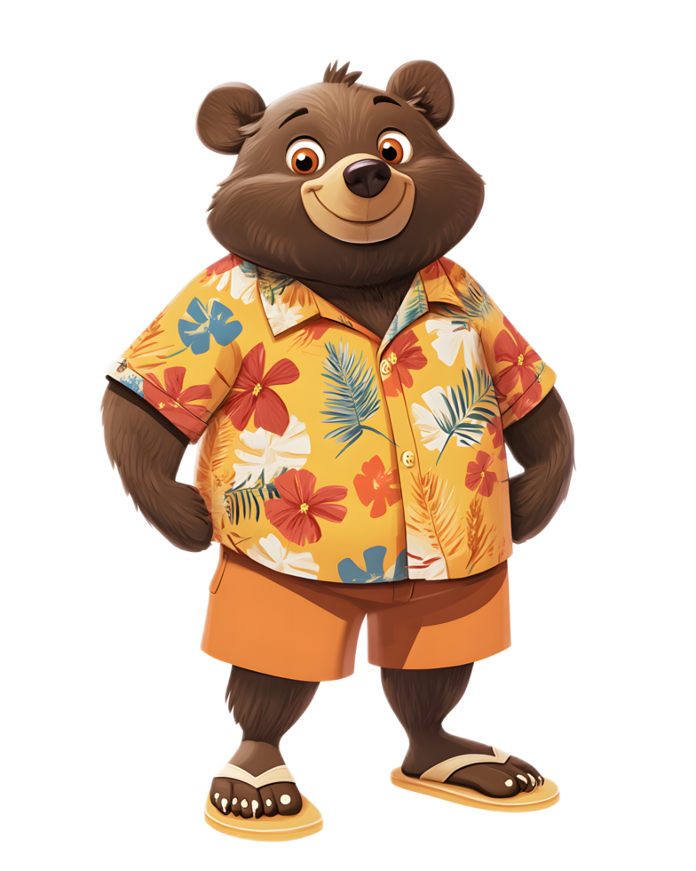 Cheerful Bear Wearing Tropical Hawaiian Shirt in Botanical png
