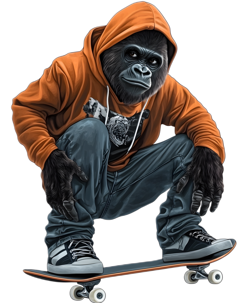 Skateboarding Gorilla Character Performing Extreme Urban Tricks png