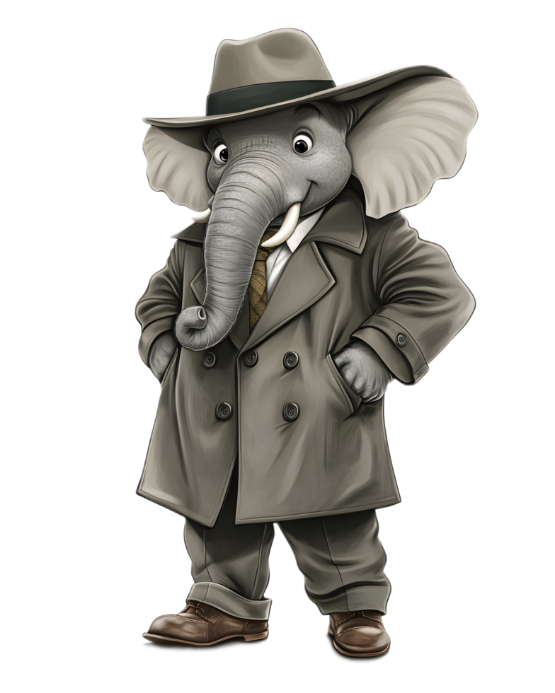 Stylish Anthropomorphic Elephant Character in Formal Attire with Investigative Charm png