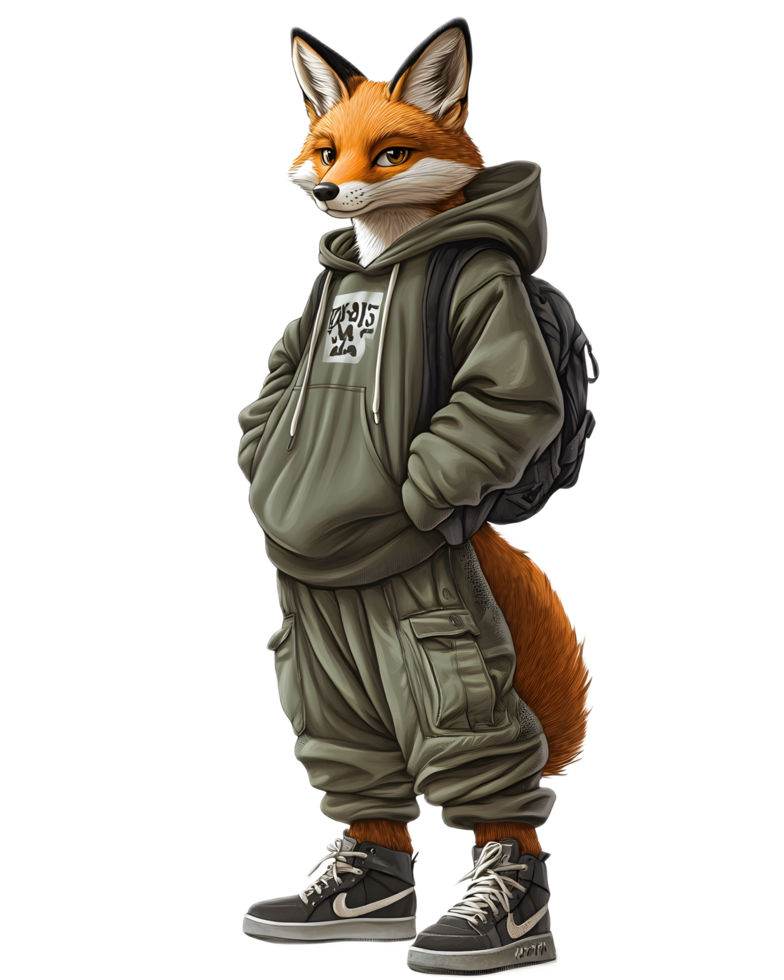 Adventurous Urban Fox Character in Hoodie and Backpack png