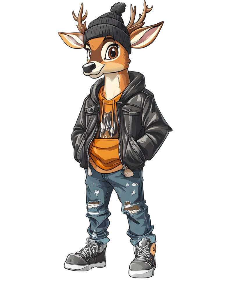 Trendy Deer Character in Stylish Outfit with Accessories and Winter Gear png
