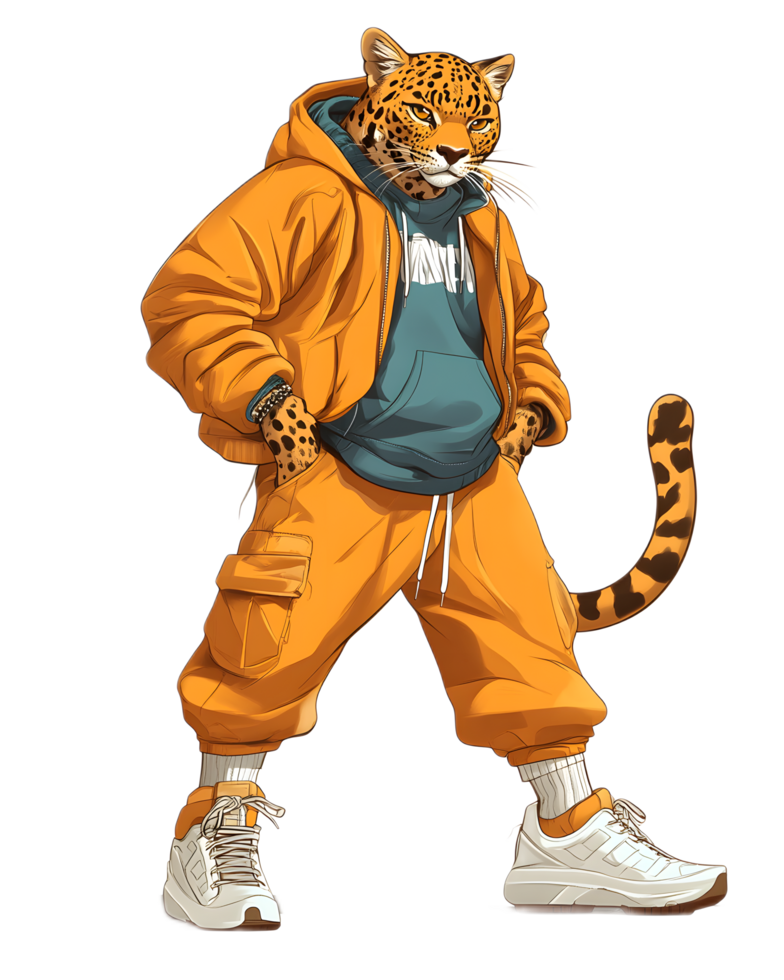 Fierce Anthropomorphic Leopard Character in Trendy Outfit png