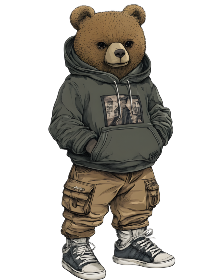 Stylish Urban Bear Character in a Hooded Jacket and Sneakers png